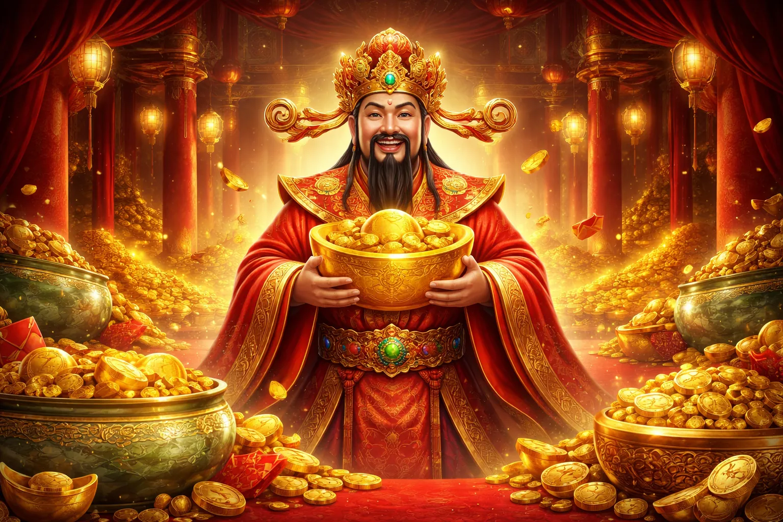 Máy đánh bạc (slot machine) với biểu tượng jackpot và tiền vàng rơi ra, tượng trưng cho game nổ hũ rw88.